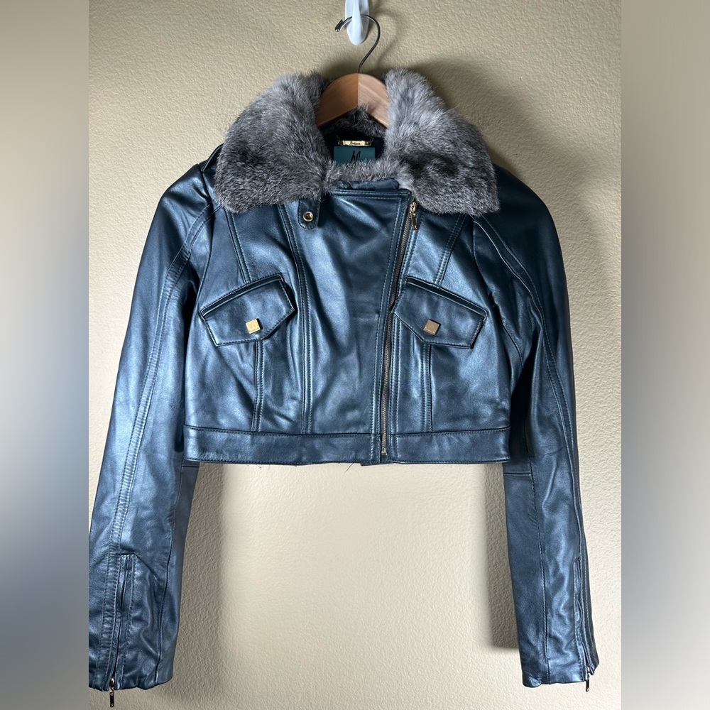 Marciano Leather Jacket with Rabbit Fur Collar - S/P